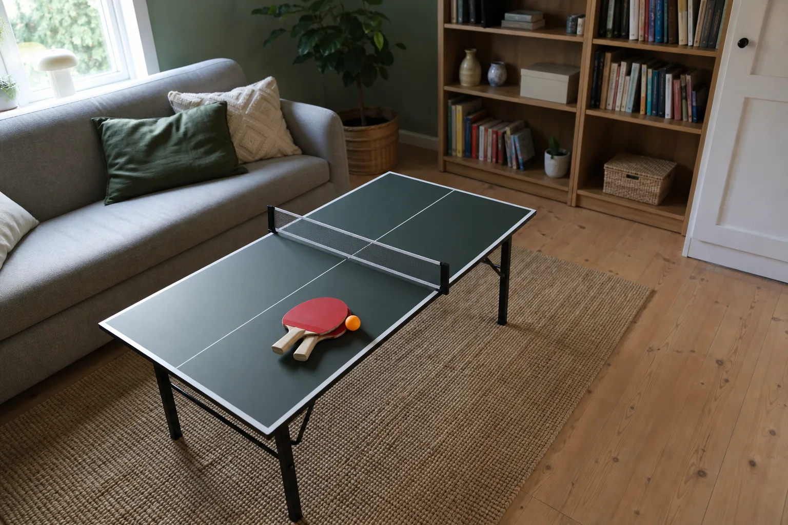 Mini-pingisbord med nät i ett litet allrum med soffa och bokhylla.