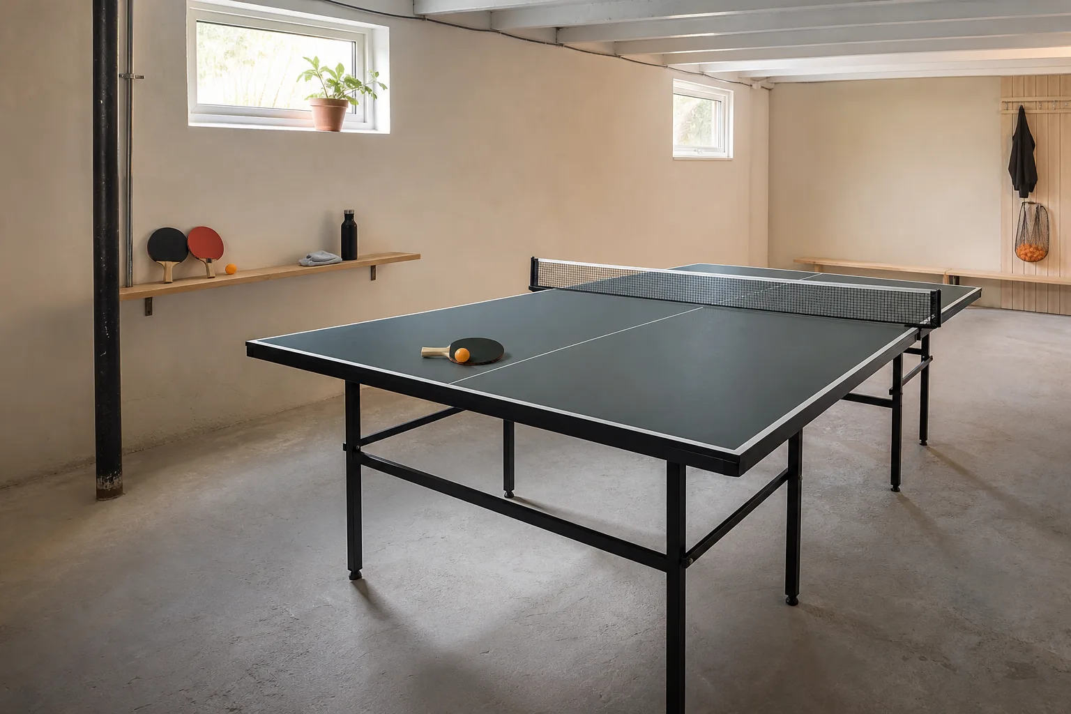 Fullstort pingisbord med nät och synligt underrede i en källare.
