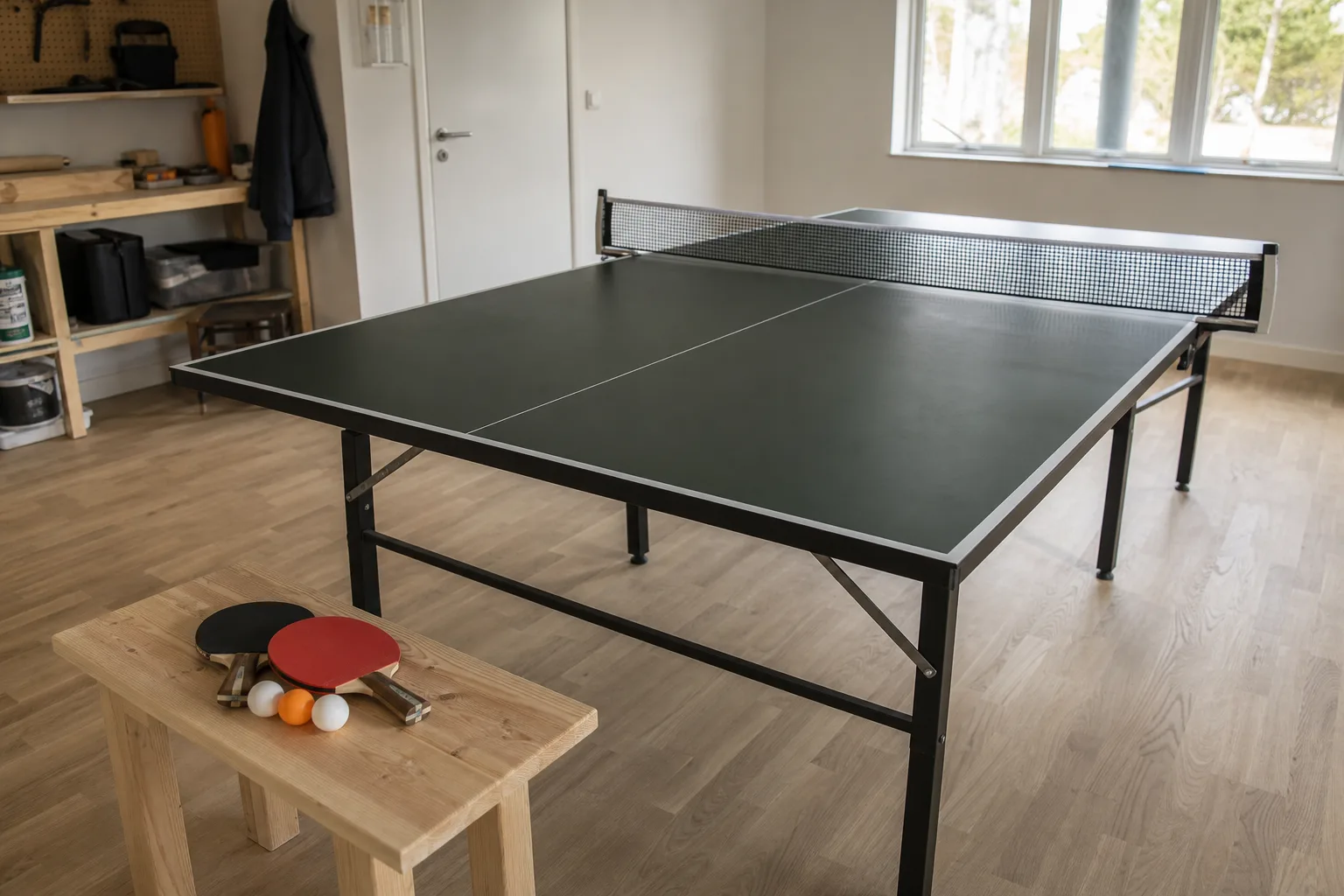 Pingisbord med nät, rack och bollar samlade på en sidobänk.