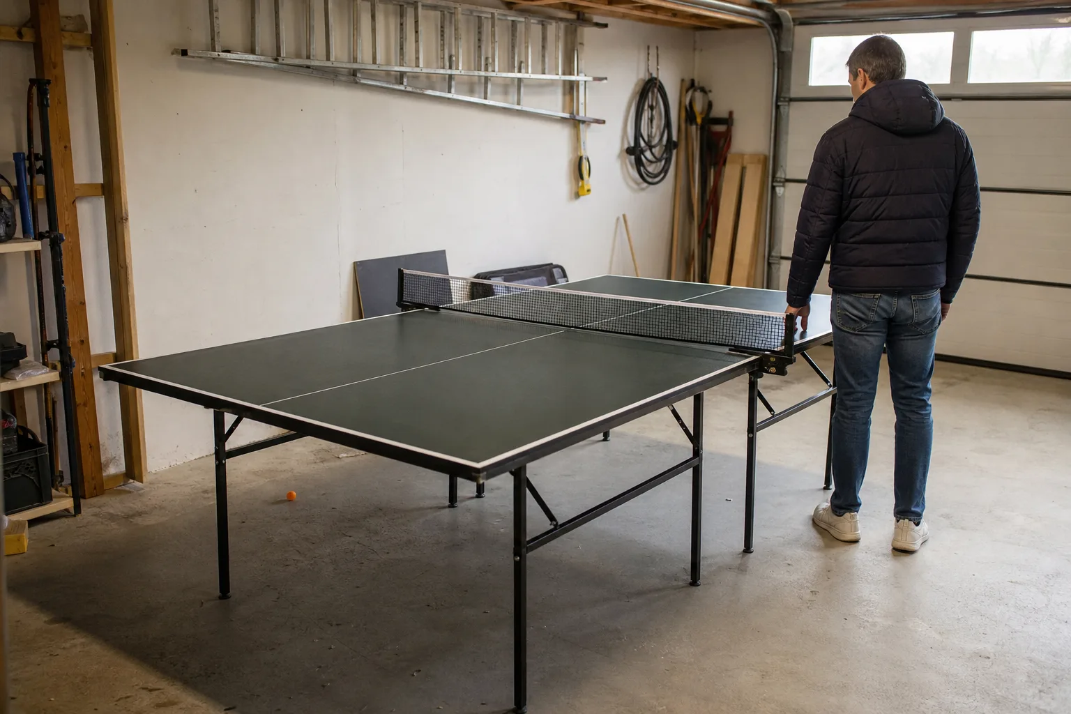En vuxen sedd bakifrån granskar ett begagnat pingisbord i ett garage.