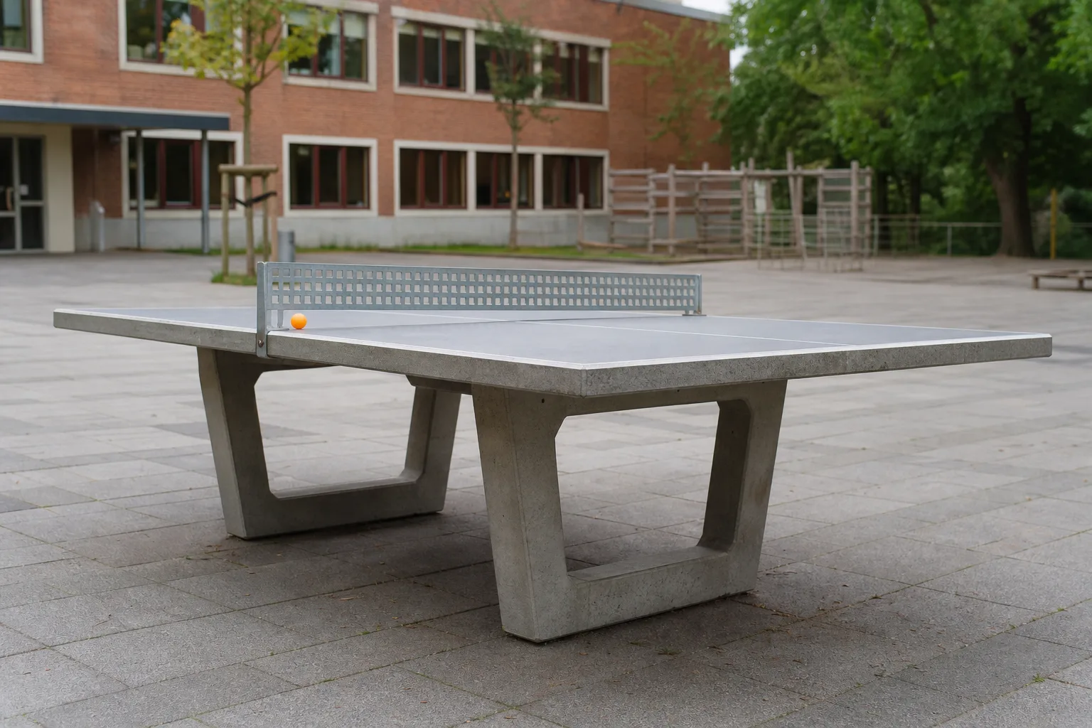 Pingisbord i betong med metallnät på en stenlagd skolgård.