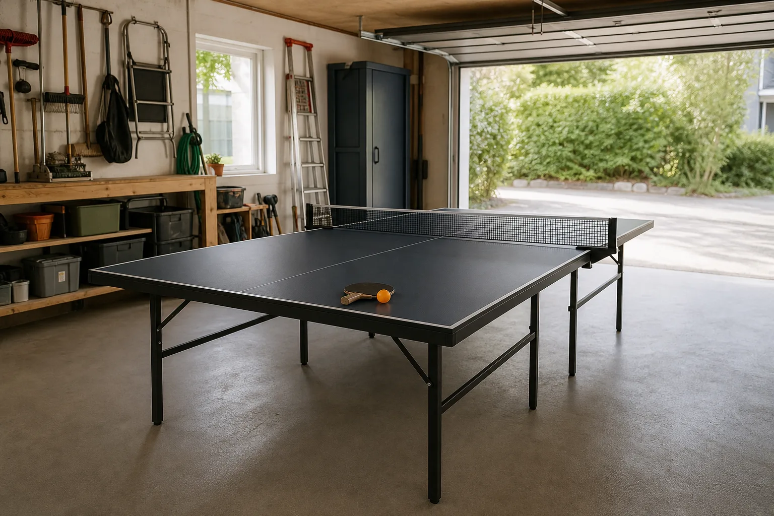 Uppställt pingisbord i ett garage med förvaring längs väggen.