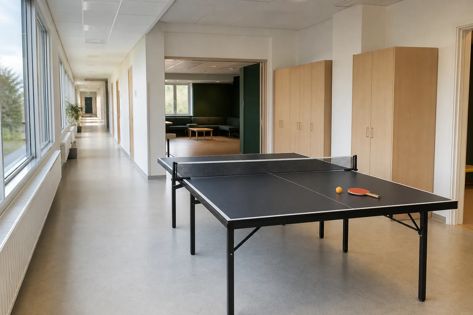 Pingisbord på en avskild yta intill ett fritidsrum i en skolkorridor.