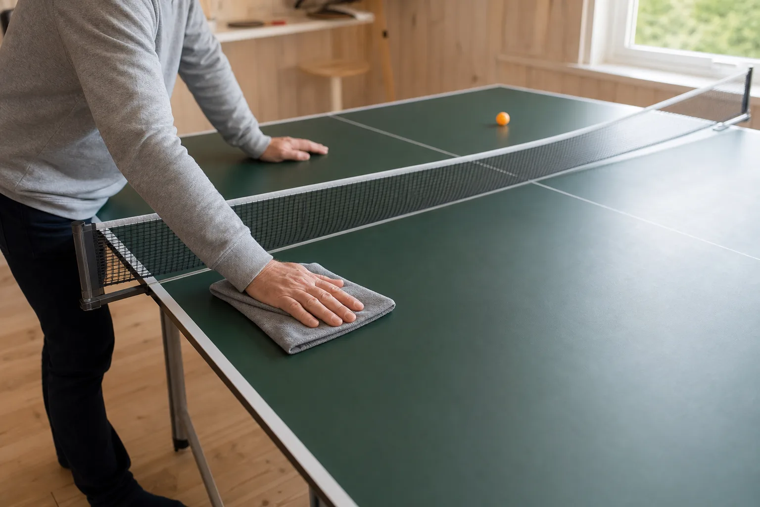 En vuxens hand med mjuk duk på ett uppställt pingisbords spelyta.