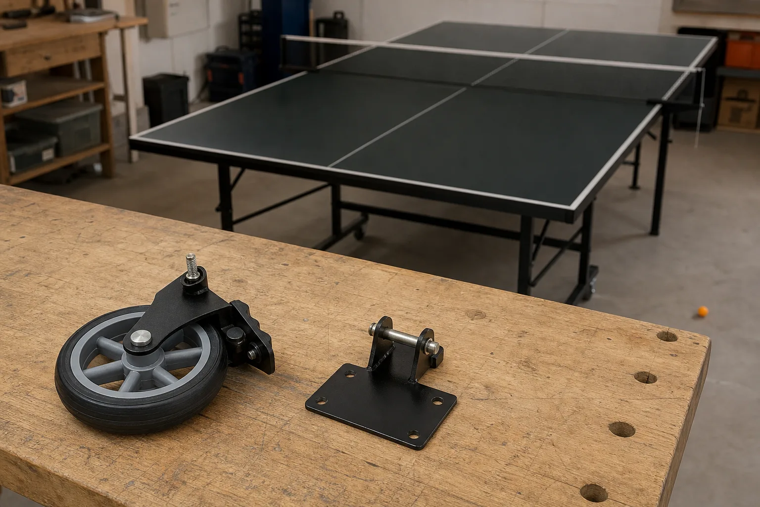 Reservhjul och fäste på en arbetsbänk med ett pingisbord i bakgrunden.