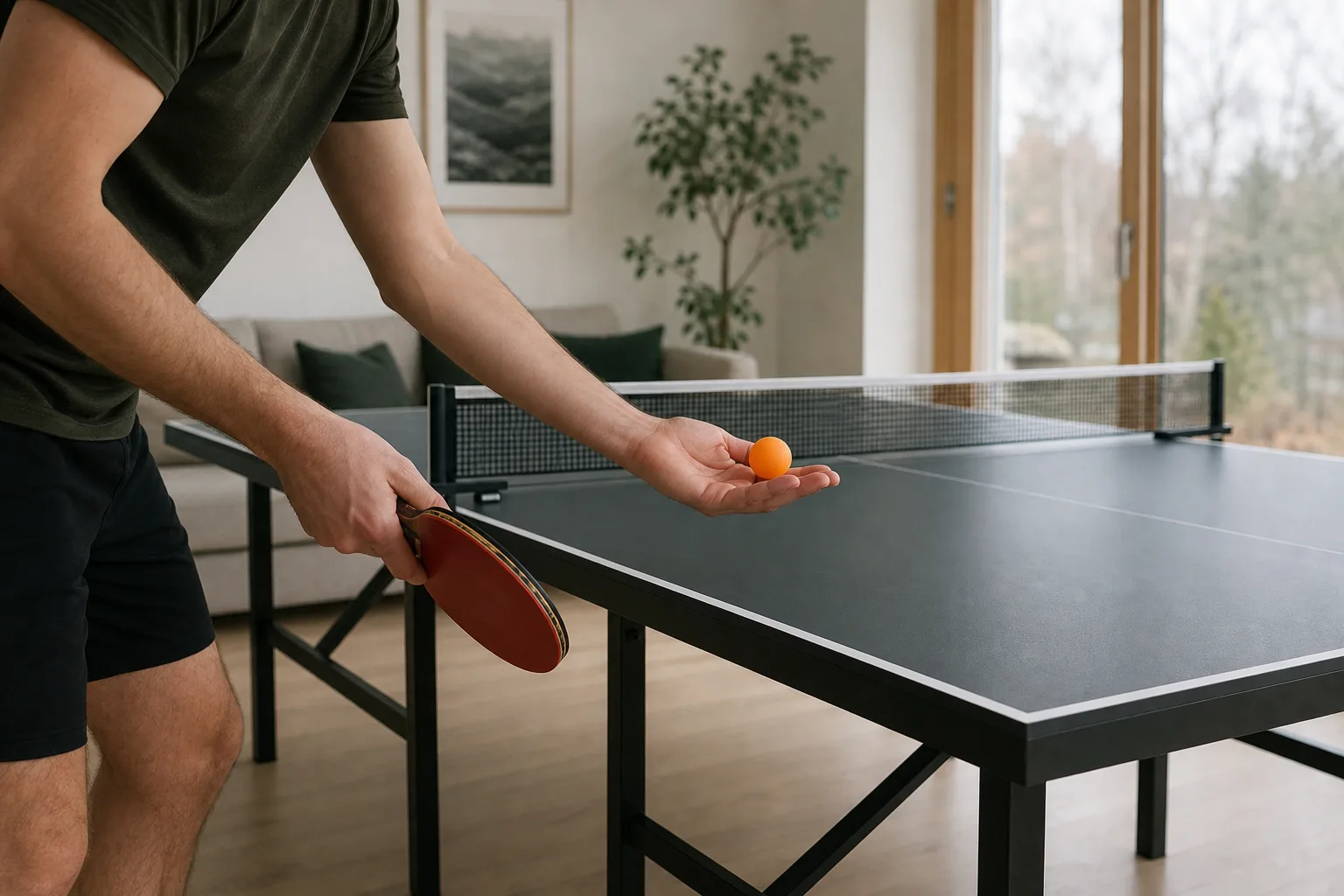 En spelare håller en boll på öppen handflata vid pingisbordets kortsida.