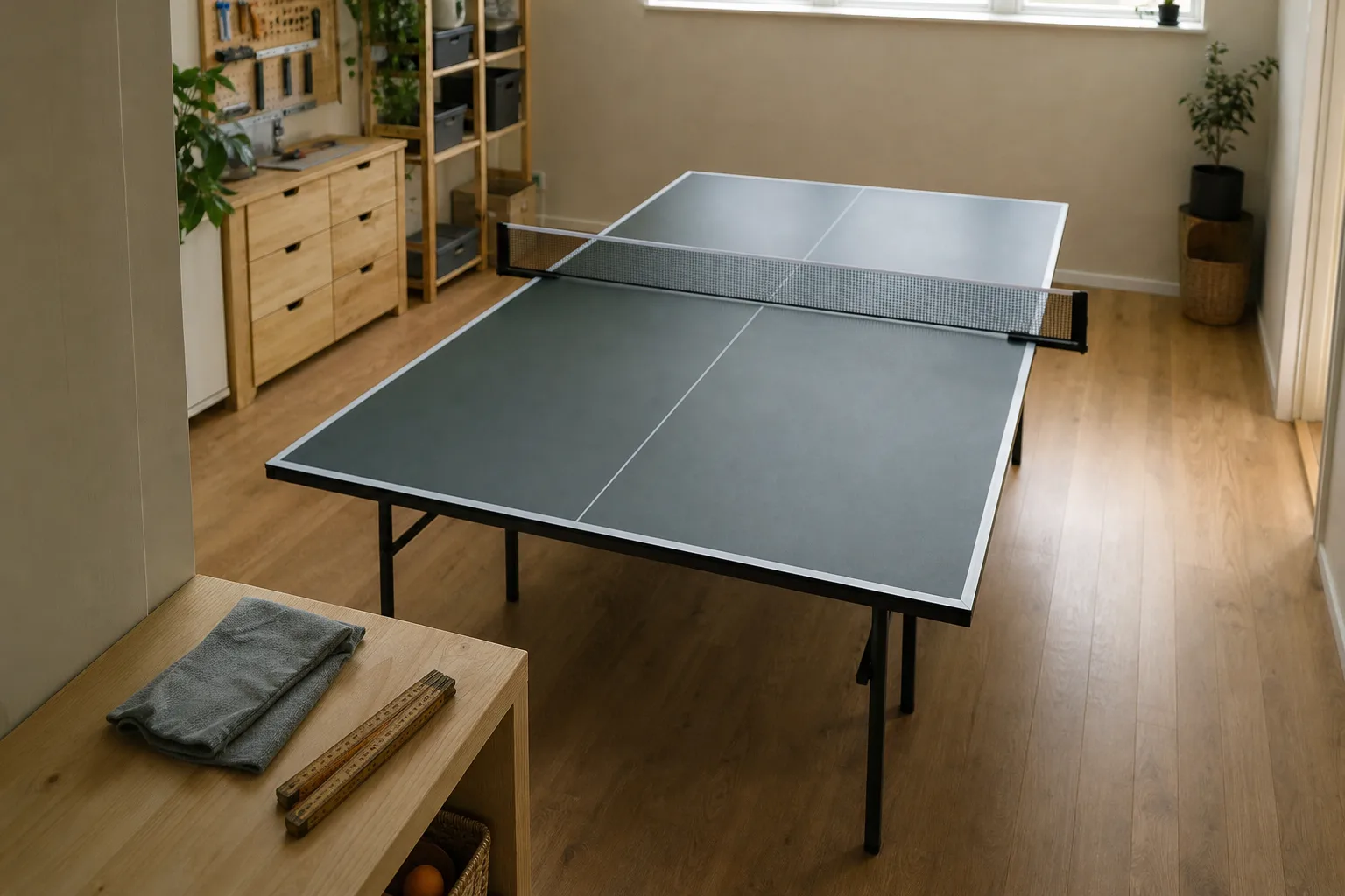 Pingisbord i ett hobbyrum med tumstock och rengöringsduk på en hylla.