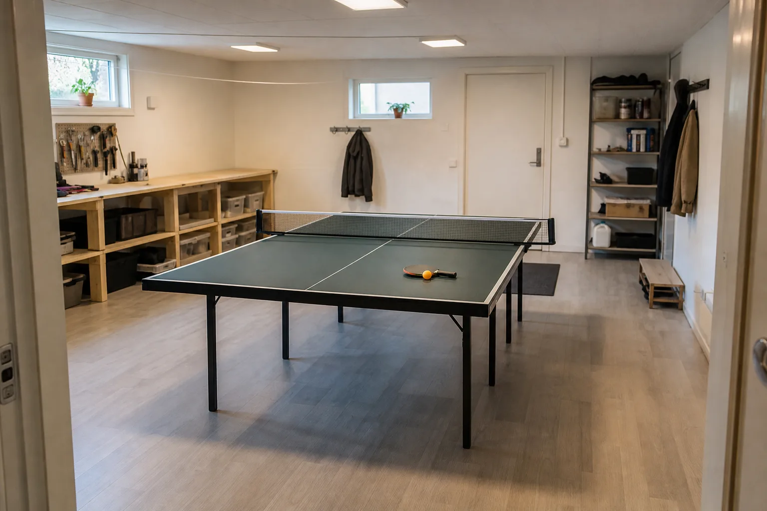 Uppställt pingisbord i ett ljust hobbyrum, sett från dörröppningen.