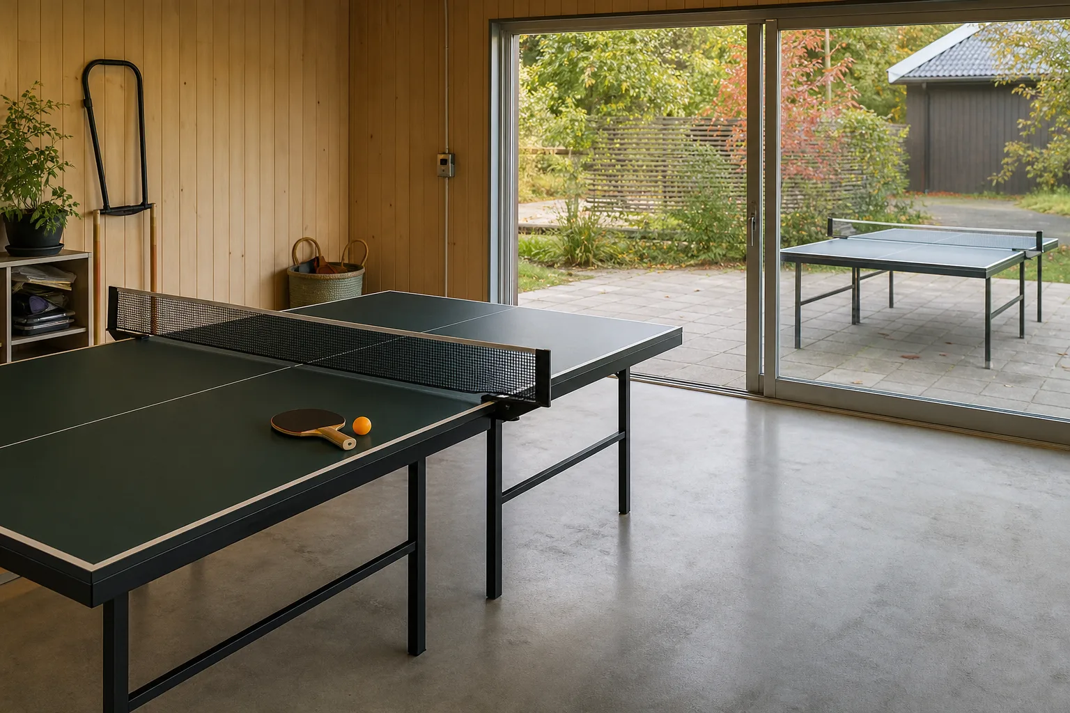 Ett pingisbord inne i ett hobbyrum och ett utomhusbord på uteplatsen utanför.