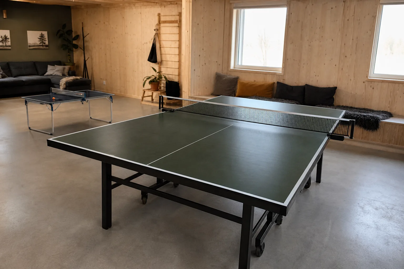 Ett fullstort pingisbord i förgrunden och ett minibord längre bort i ett fritidsrum.