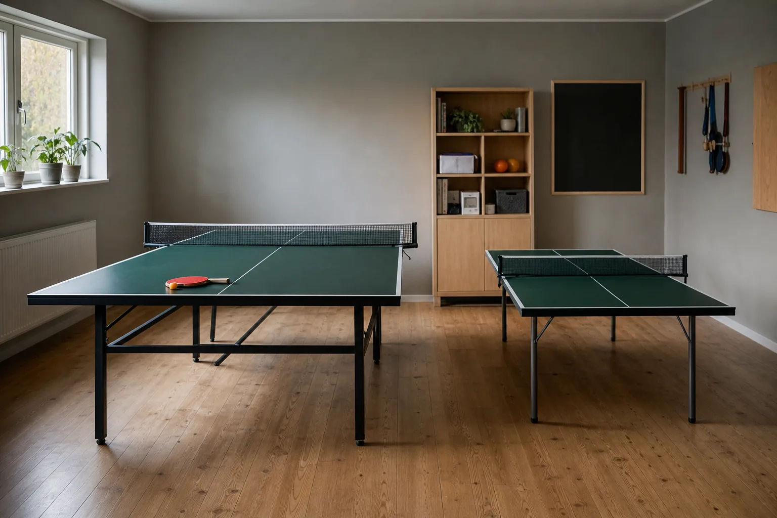 Ett fullstort och ett mindre pingisbord bredvid varandra i ett hobbyrum.
