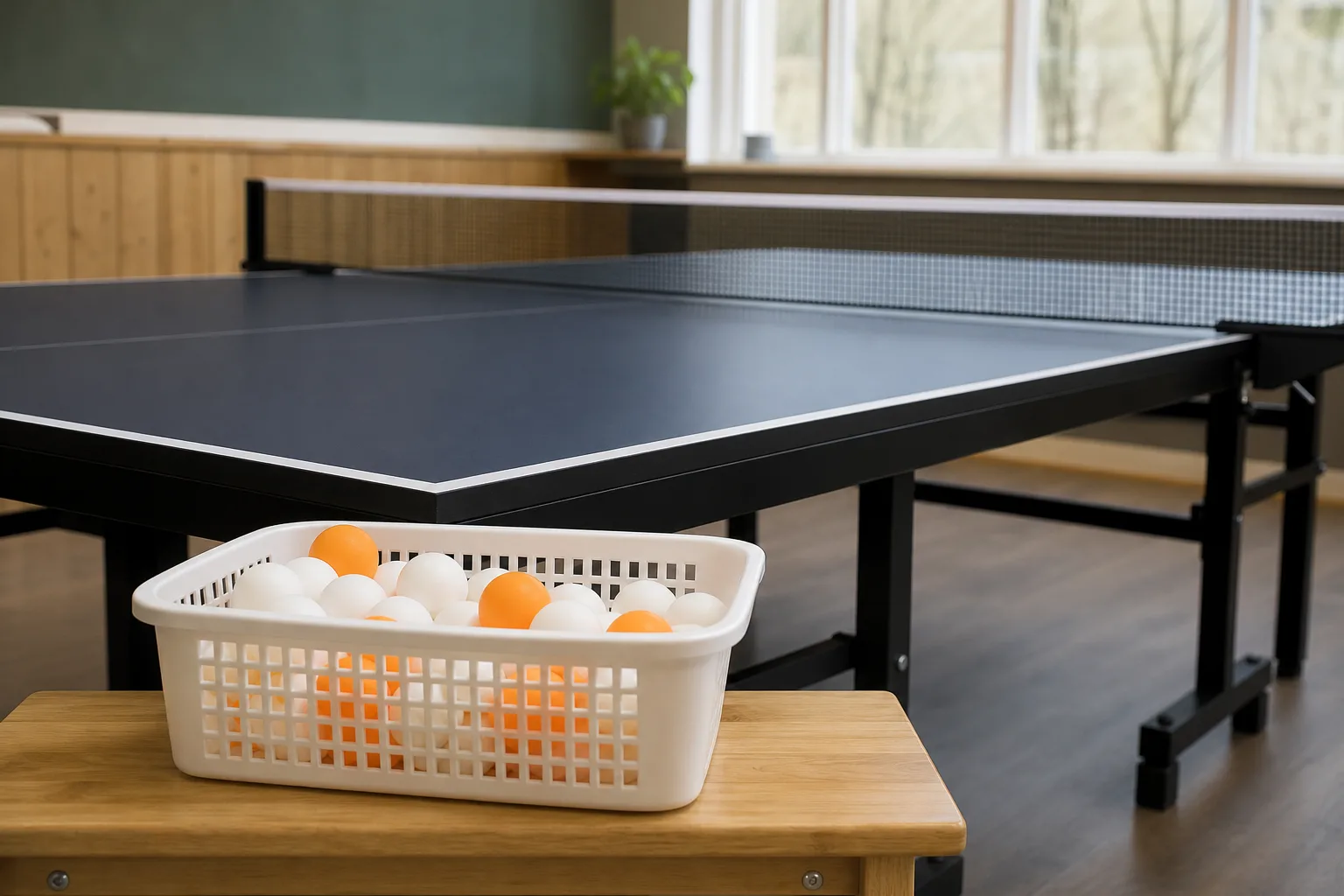 Vita och orange pingisbollar i en korg med ett pingisbord i bakgrunden.
