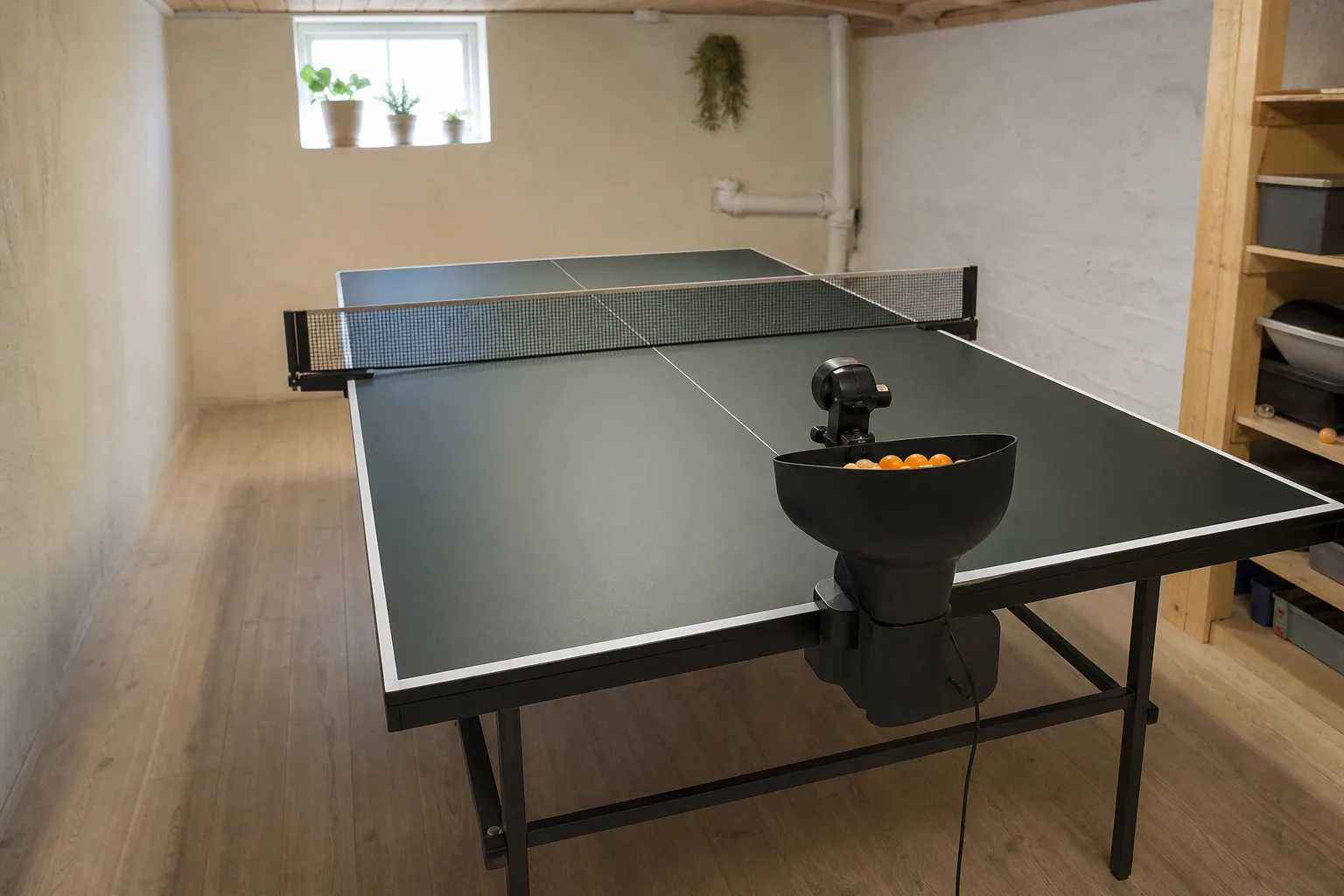 Pingisrobot med bollbehållare vid kortsidan på ett inomhuspingisbord.