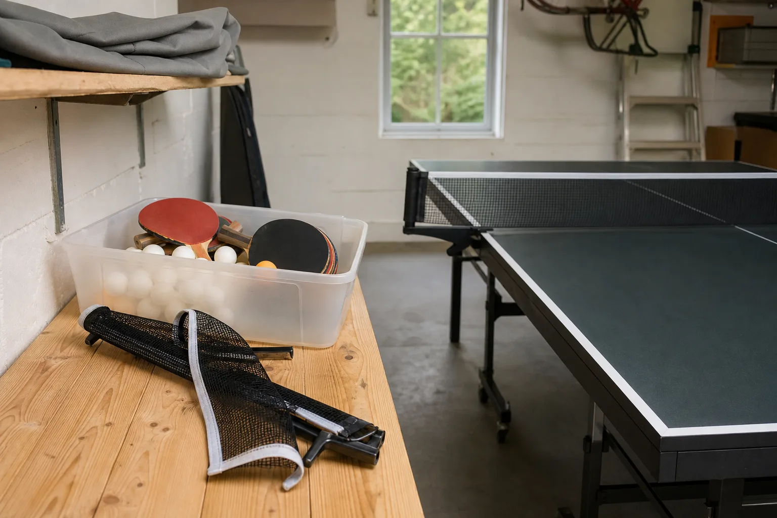 Rack, bollar, nät och hopvikt bordsskydd vid ett pingisbord i ett garage.